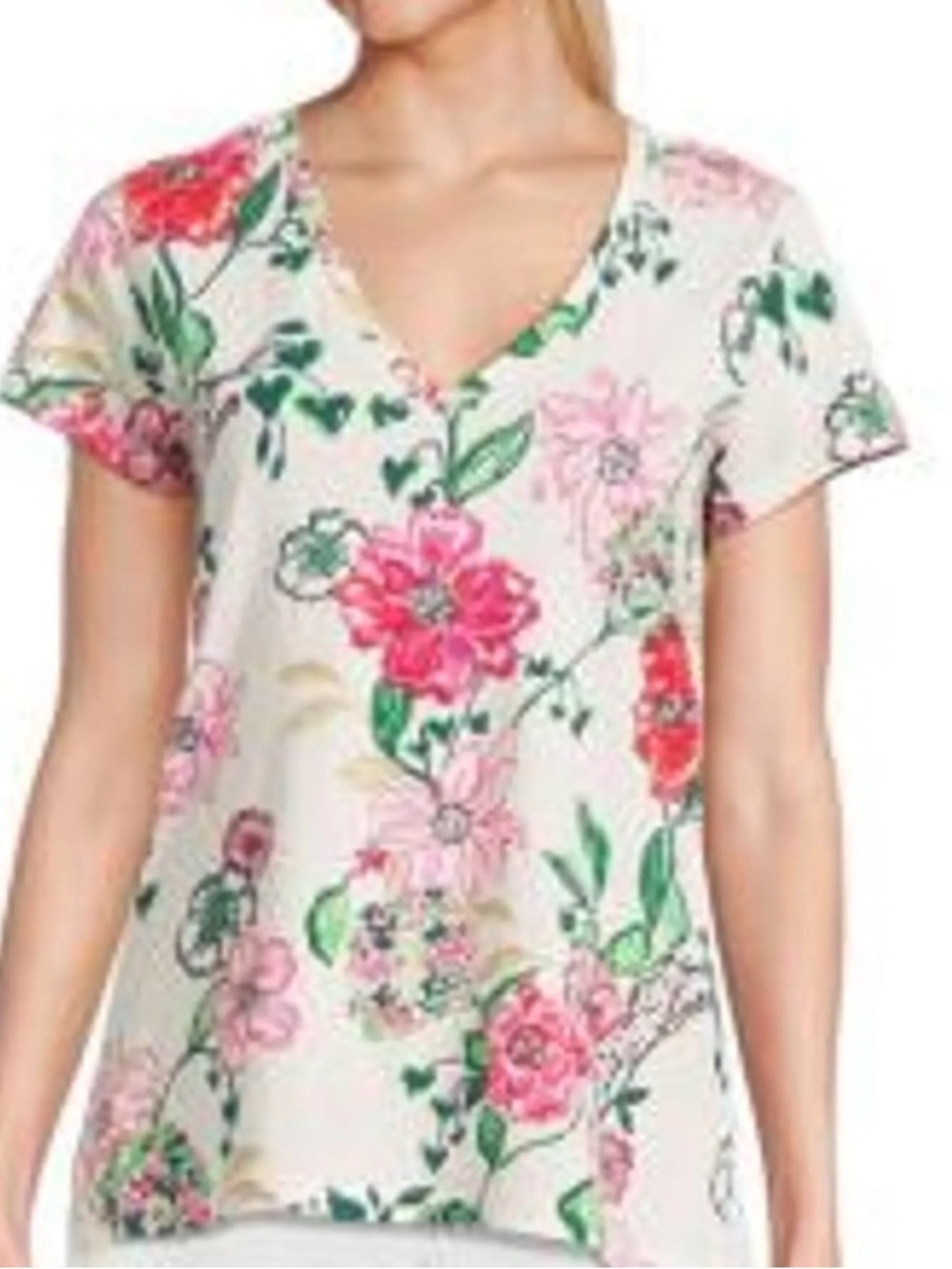 Floral V-Neck Short Sleeve Top - White/Pink